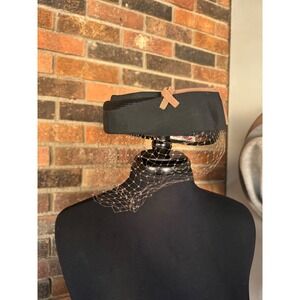 Walter‎ Muller of California Vintage Black Straw Pillbox Hat Veil Bow